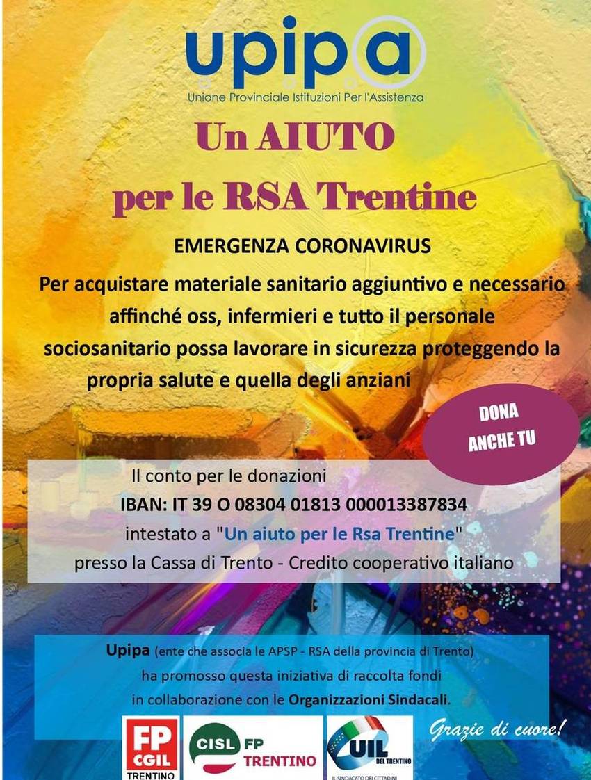 Raccolta Fondi Un Aiuto Per Le Rsa Trentine Notizie E Avvisi News Upipa Unione Provinciale Istituzioni Per L Assistenza U P I P A Societa Cooperativa